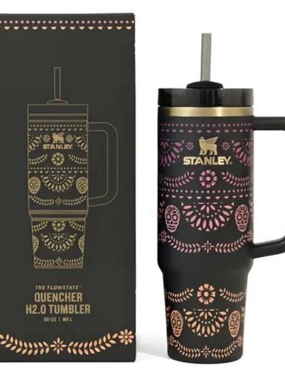 Stanley Black Tumbler with Pink and Gold Floral Day of the Dead Design